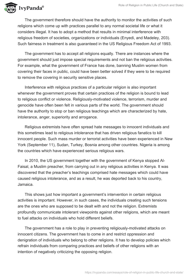 Role of Religion in Public Life (Church and State). Page 2