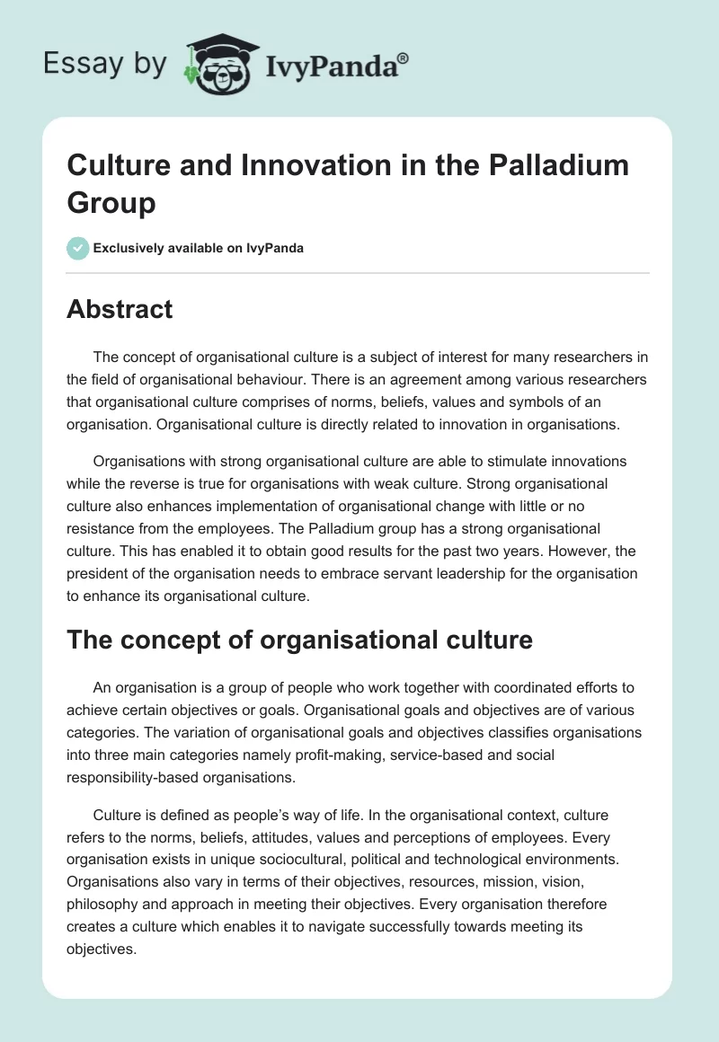 Culture and Innovation in the Palladium Group. Page 1