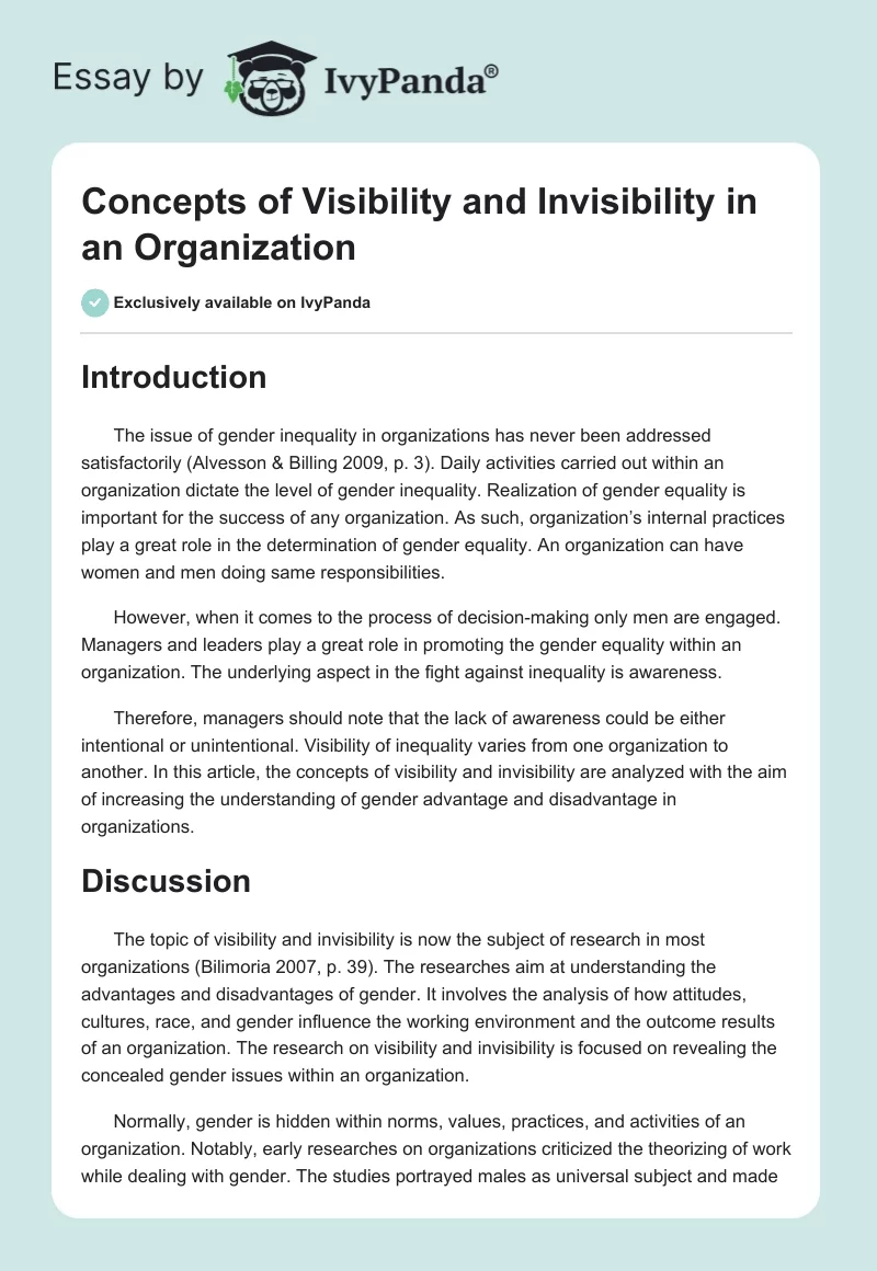 Concepts of Visibility and Invisibility in an Organization - 2215 Words ...