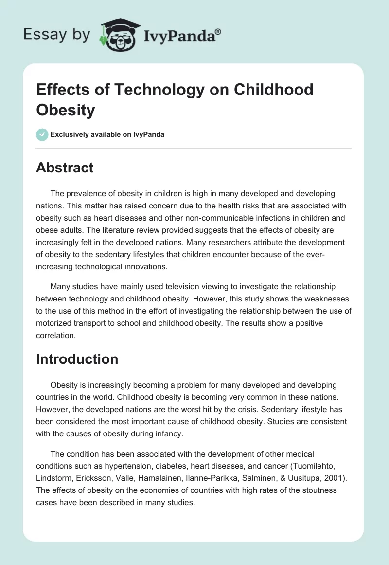 Effects of Technology on Childhood Obesity. Page 1