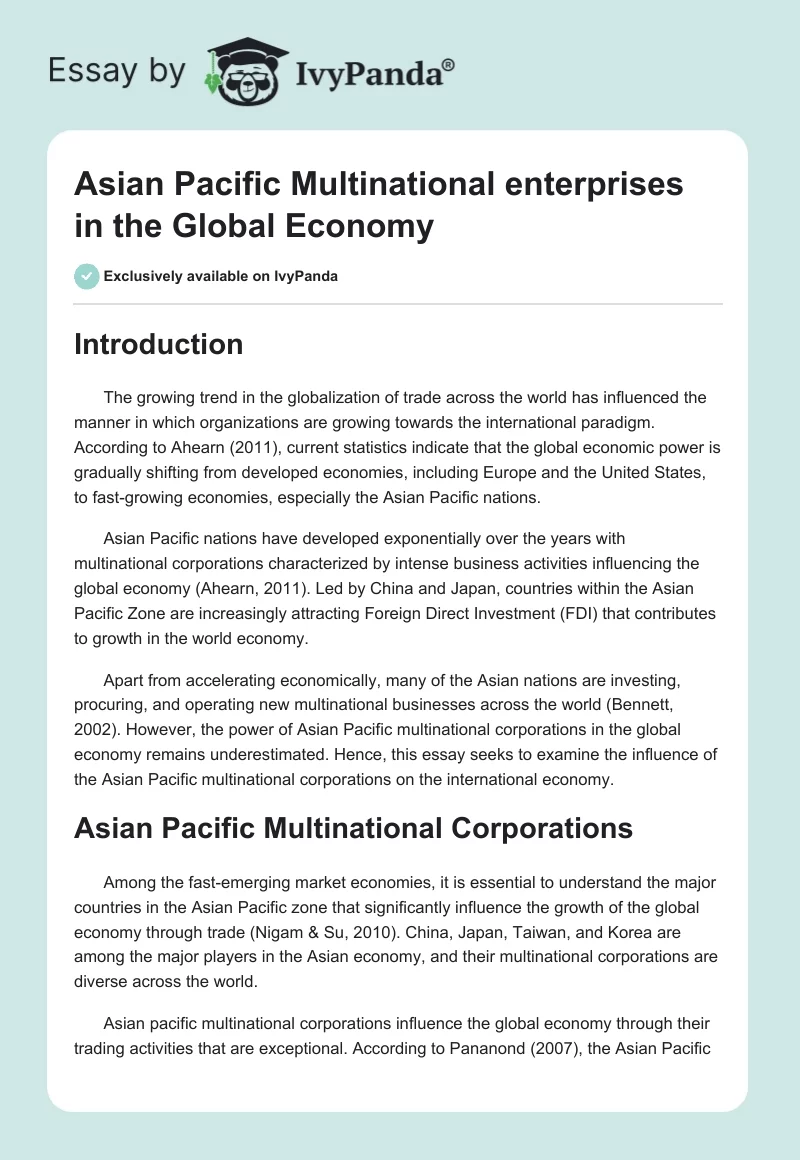Asian Pacific Multinational enterprises in the Global Economy. Page 1