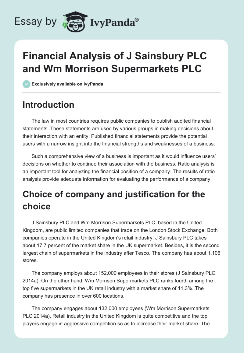 Financial Analysis of J Sainsbury PLC and Wm Morrison Supermarkets PLC. Page 1