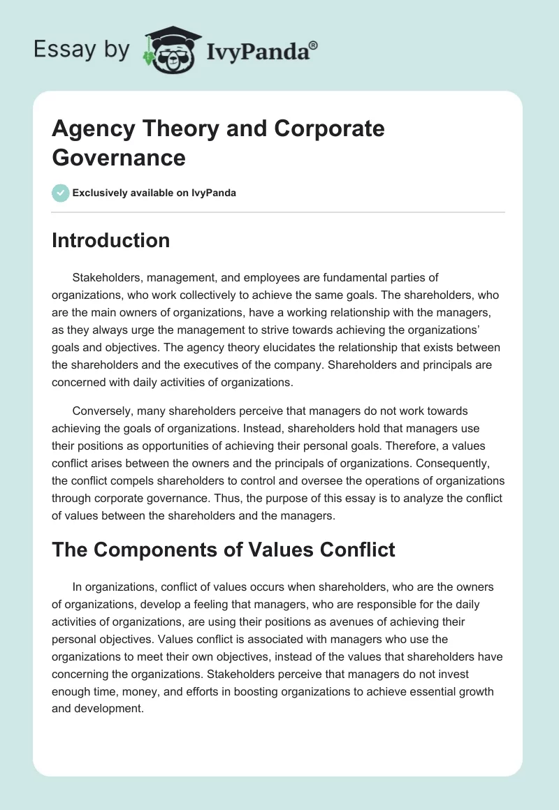 agency theory corporate governance essay