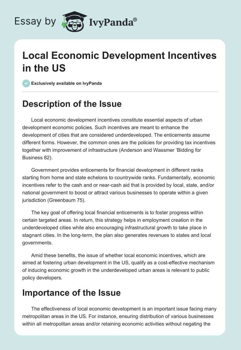 Local Economic Development Incentives in the US. Page 1