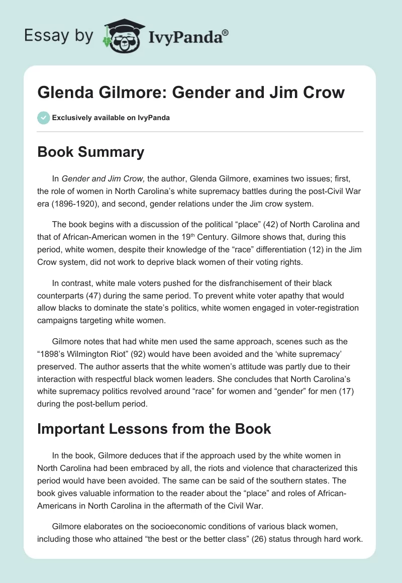 Glenda Gilmore: Gender and Jim Crow. Page 1