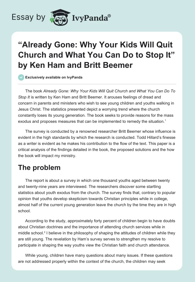 “Already Gone: Why Your Kids Will Quit Church and What You Can Do to Stop It” by Ken Ham and Britt Beemer. Page 1