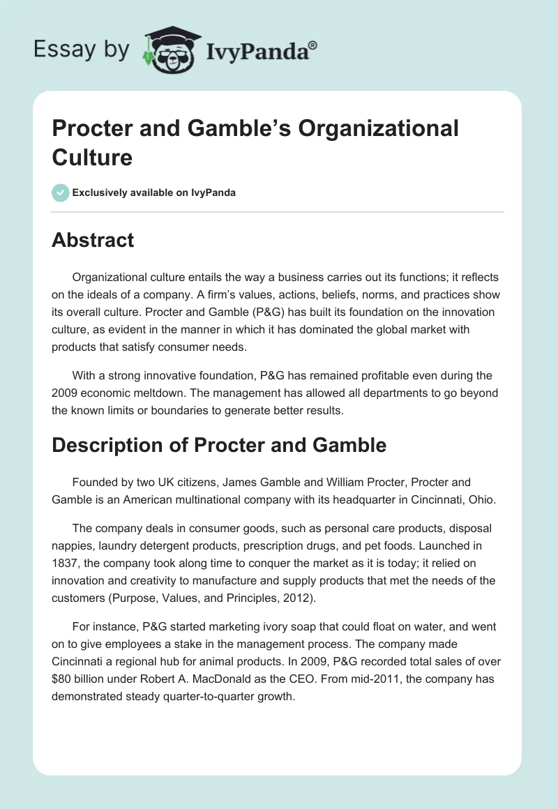 Procter and Gamble’s Organizational Culture. Page 1