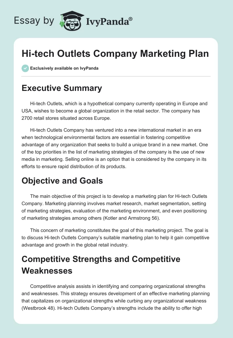 Hi-tech Outlets Company Marketing Plan. Page 1