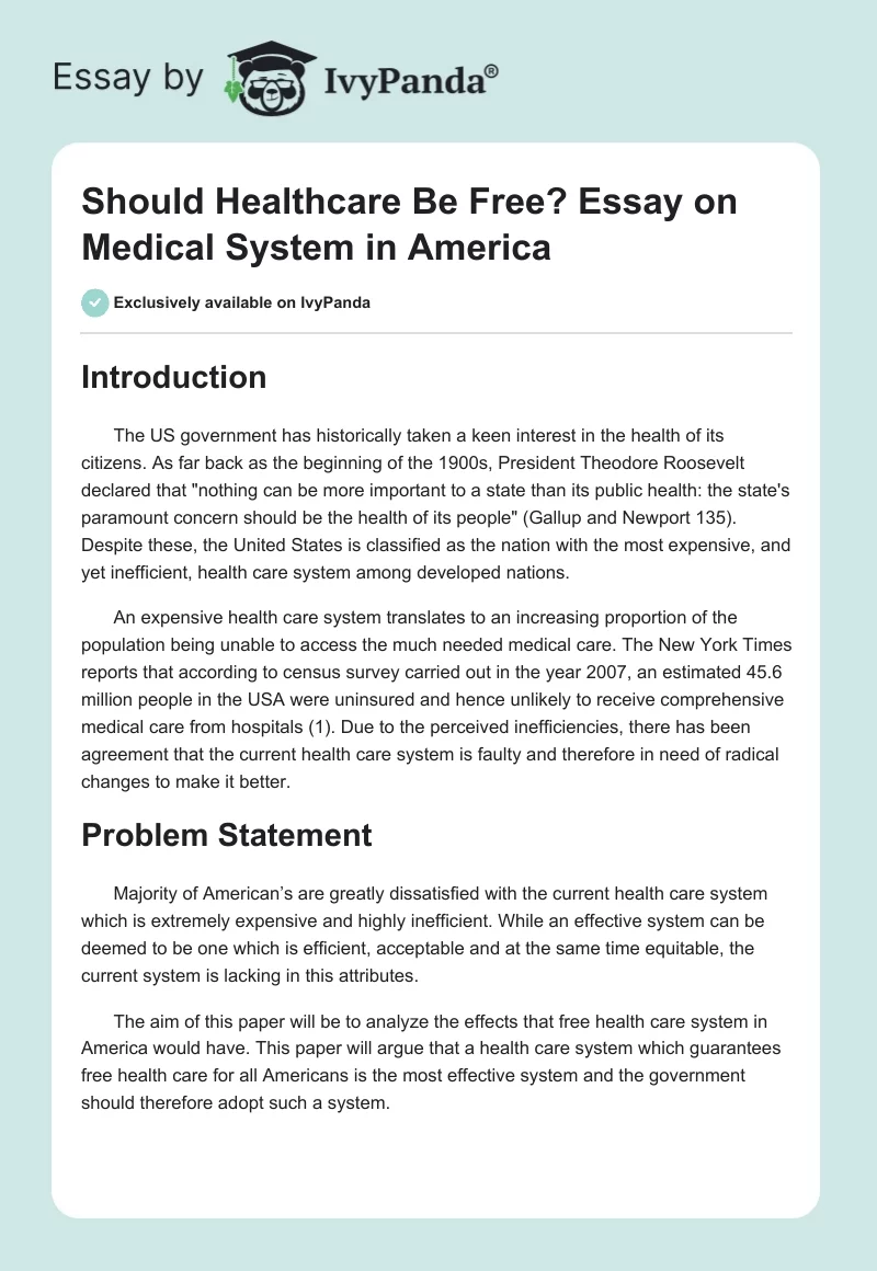Should Healthcare Be Free? Essay on Medical System in America. Page 1