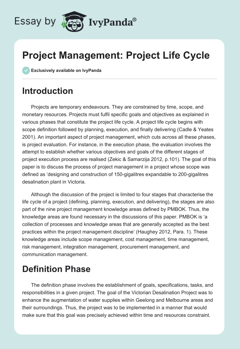 Project Management: Project Life Cycle. Page 1