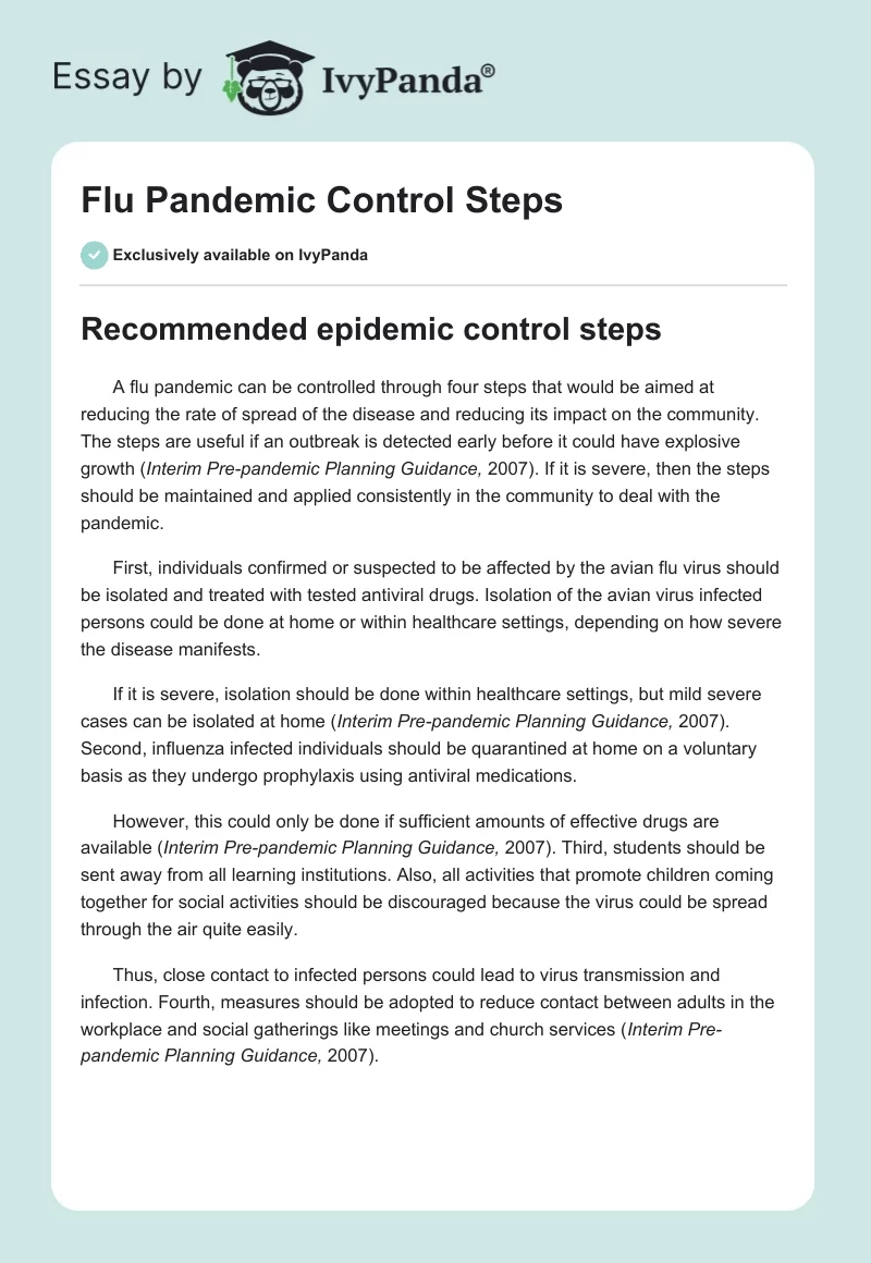 Flu Pandemic Control Steps. Page 1