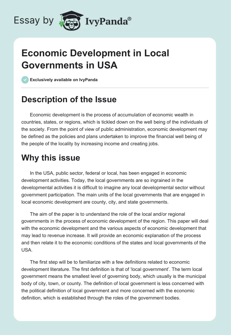 Economic Development in Local Governments in USA. Page 1