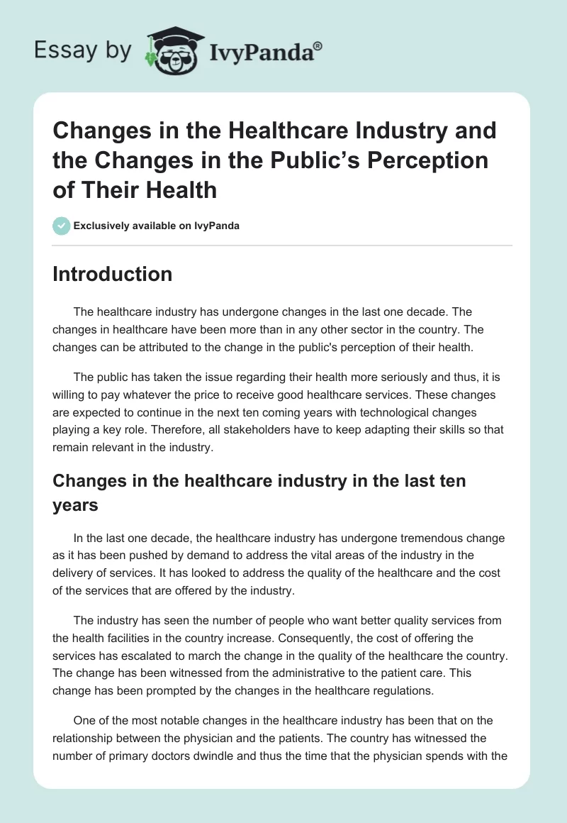 Changes in the Healthcare Industry and the Changes in the Public’s Perception of Their Health. Page 1