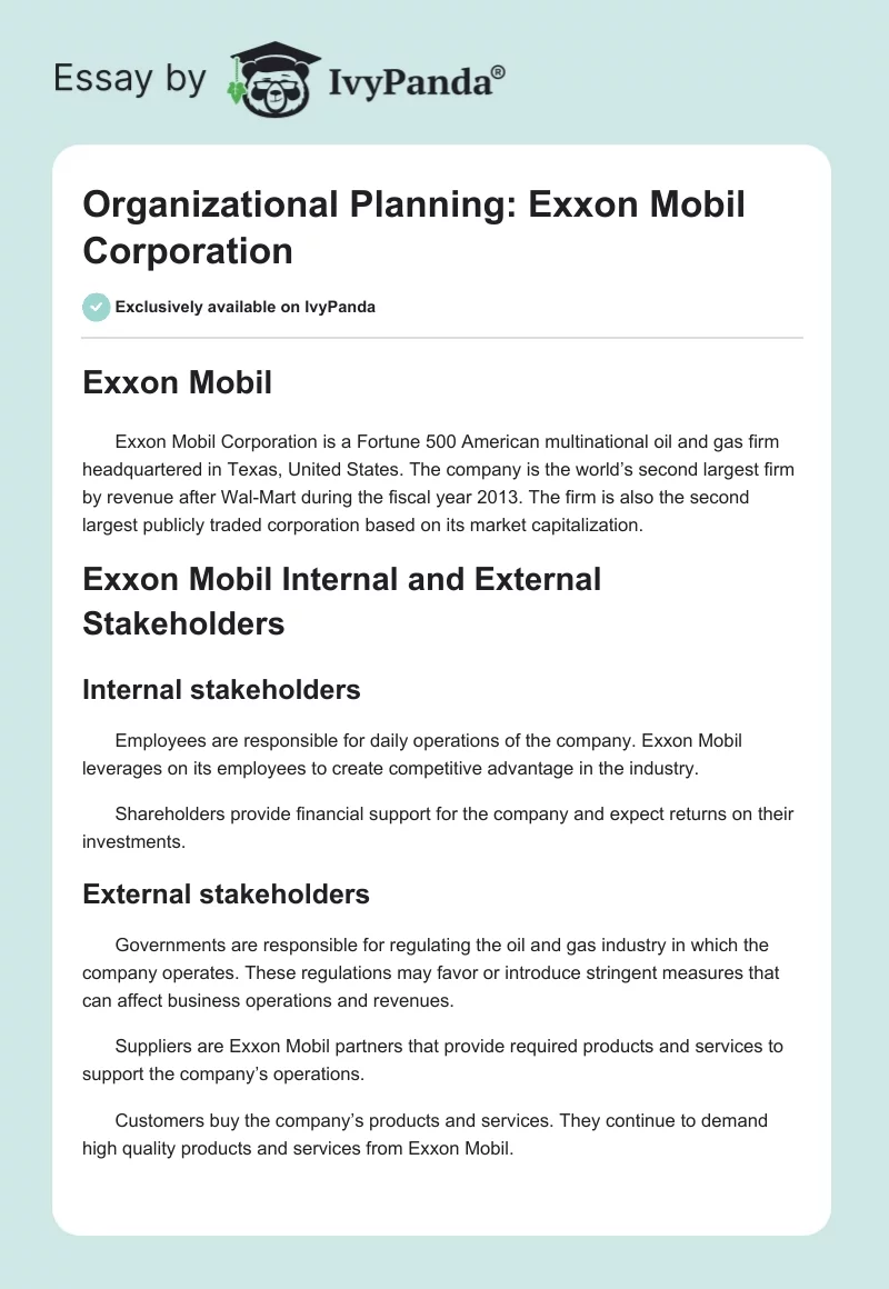 Organizational Planning: Exxon Mobil Corporation. Page 1