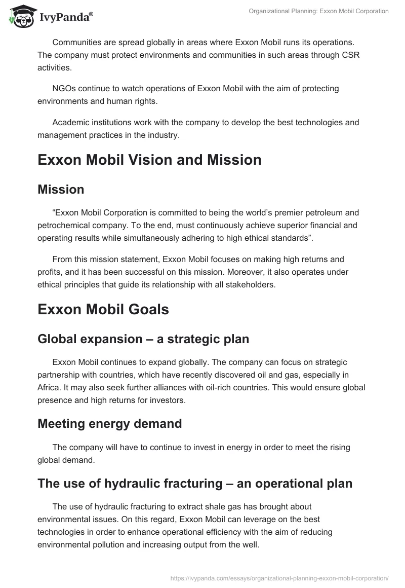 Organizational Planning: Exxon Mobil Corporation. Page 2