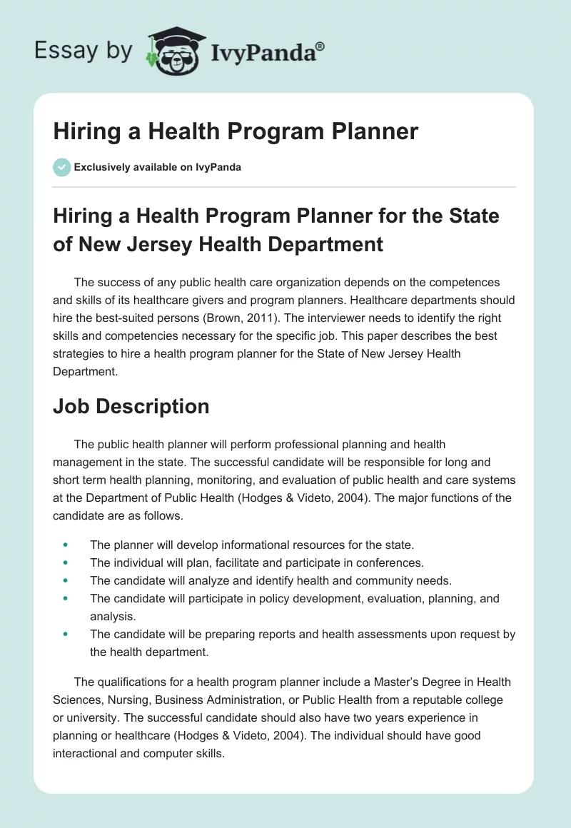 Hiring a Health Program Planner. Page 1