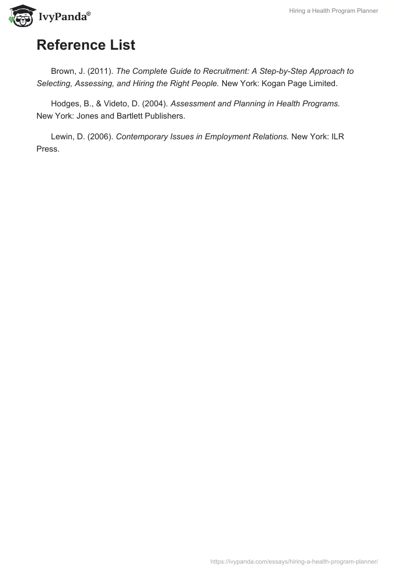 Hiring a Health Program Planner. Page 3