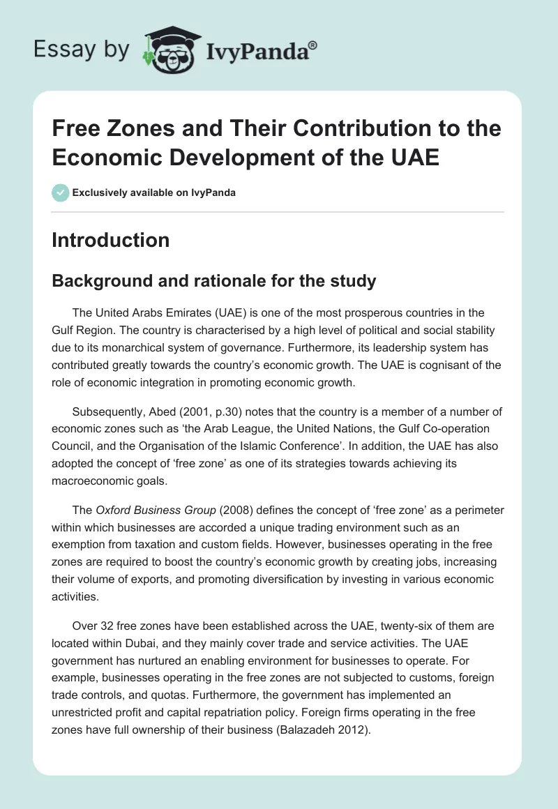 Free Zones and Their Contribution to the Economic Development of the UAE. Page 1