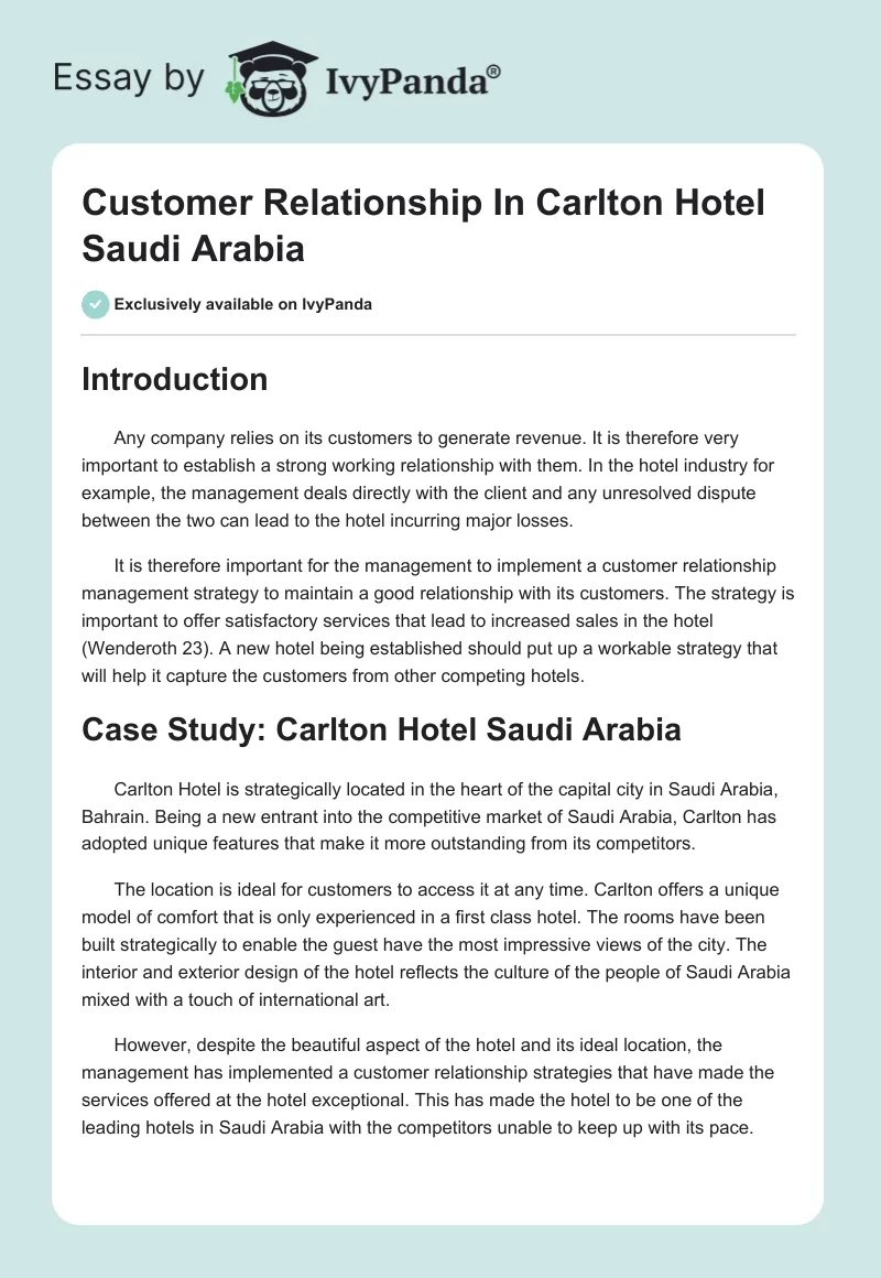 Customer Relationship In Carlton Hotel Saudi Arabia. Page 1