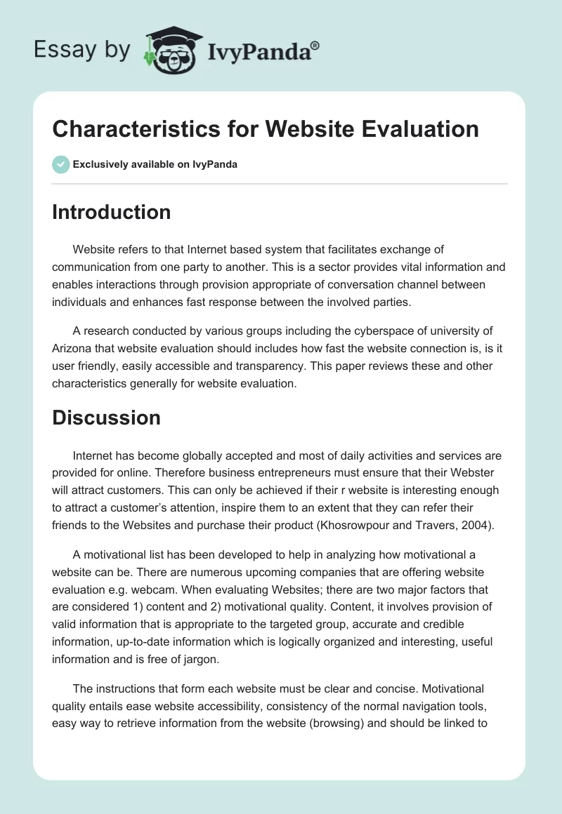 Characteristics for Website Evaluation. Page 1