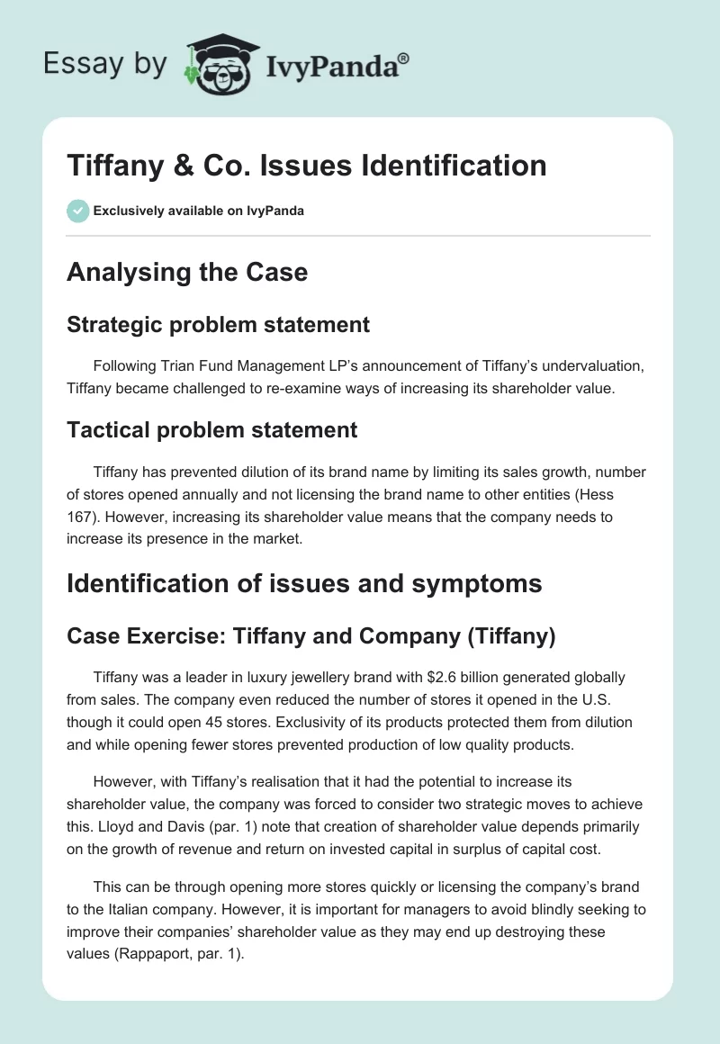Tiffany & Co. Issues Identification. Page 1