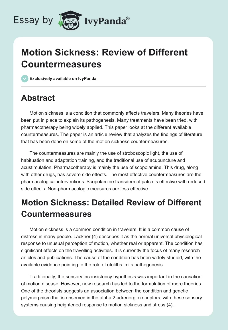 Motion Sickness: Review of Different Countermeasures. Page 1