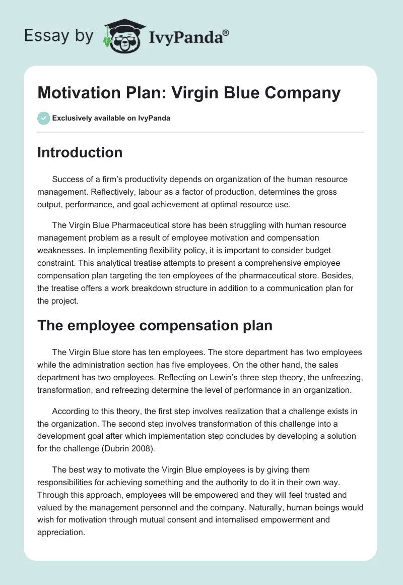 Motivation Plan: Virgin Blue Company. Page 1