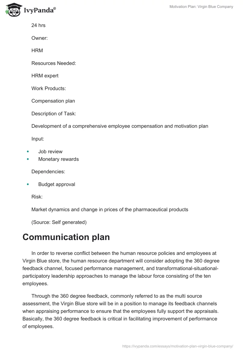Motivation Plan: Virgin Blue Company. Page 5