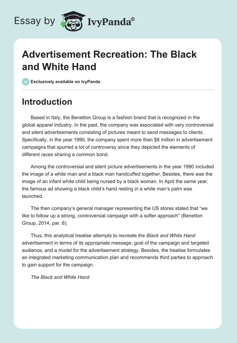 Advertisement Recreation: The Black and White Hand. Page 1