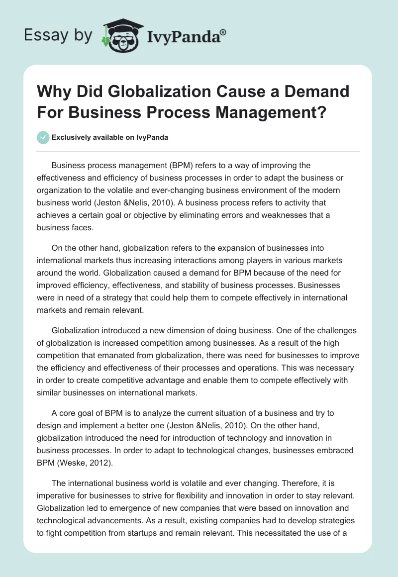 Why Did Globalization Cause a Demand For Business Process Management?. Page 1