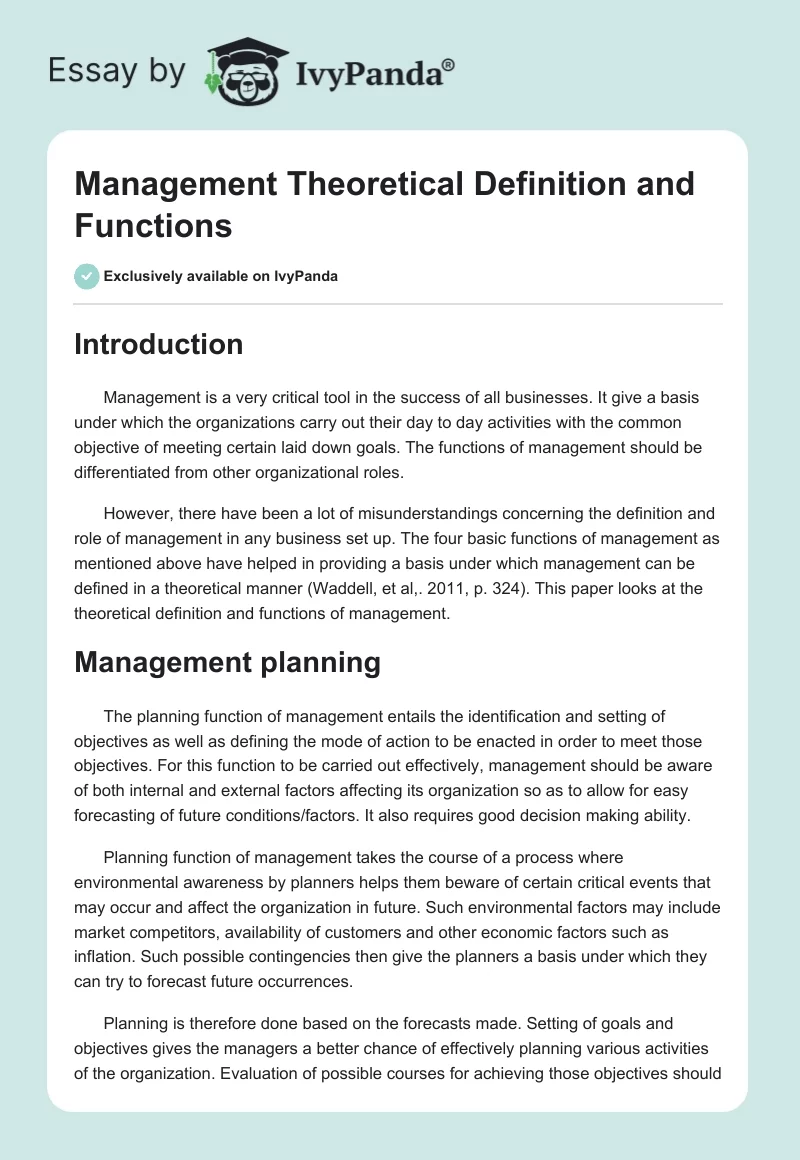 Management Theoretical Definition and Functions. Page 1