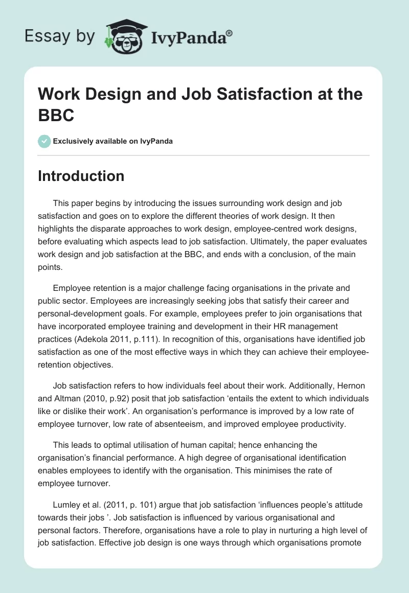 Work Design and Job Satisfaction at the BBC. Page 1