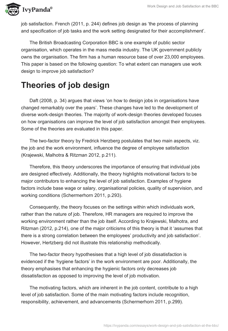 Work Design and Job Satisfaction at the BBC. Page 2