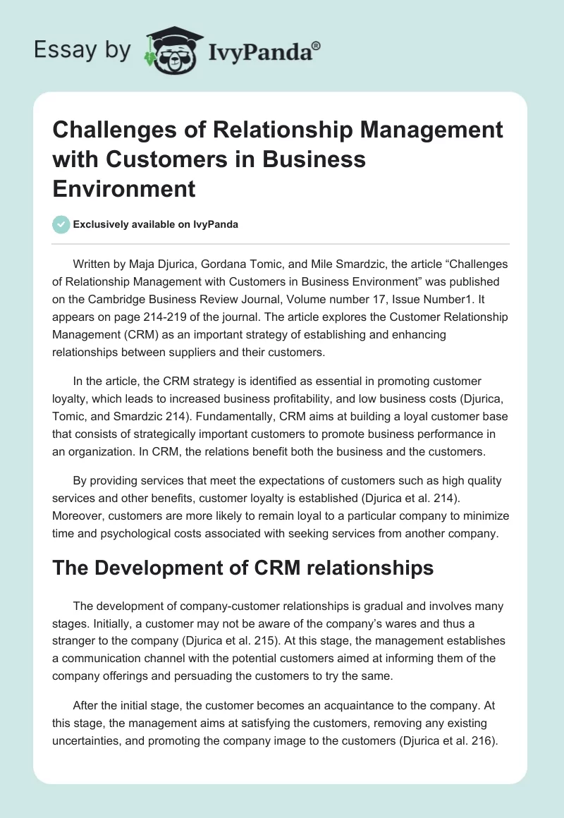 Challenges of Relationship Management With Customers in Business Environment. Page 1