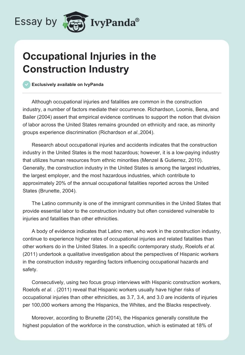 Occupational Injuries in the Construction Industry. Page 1
