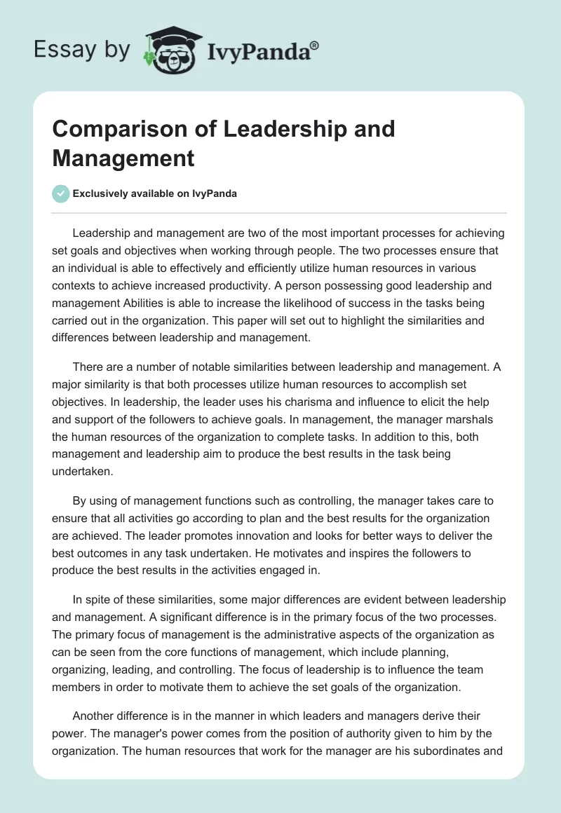 Comparison of Leadership and Management. Page 1