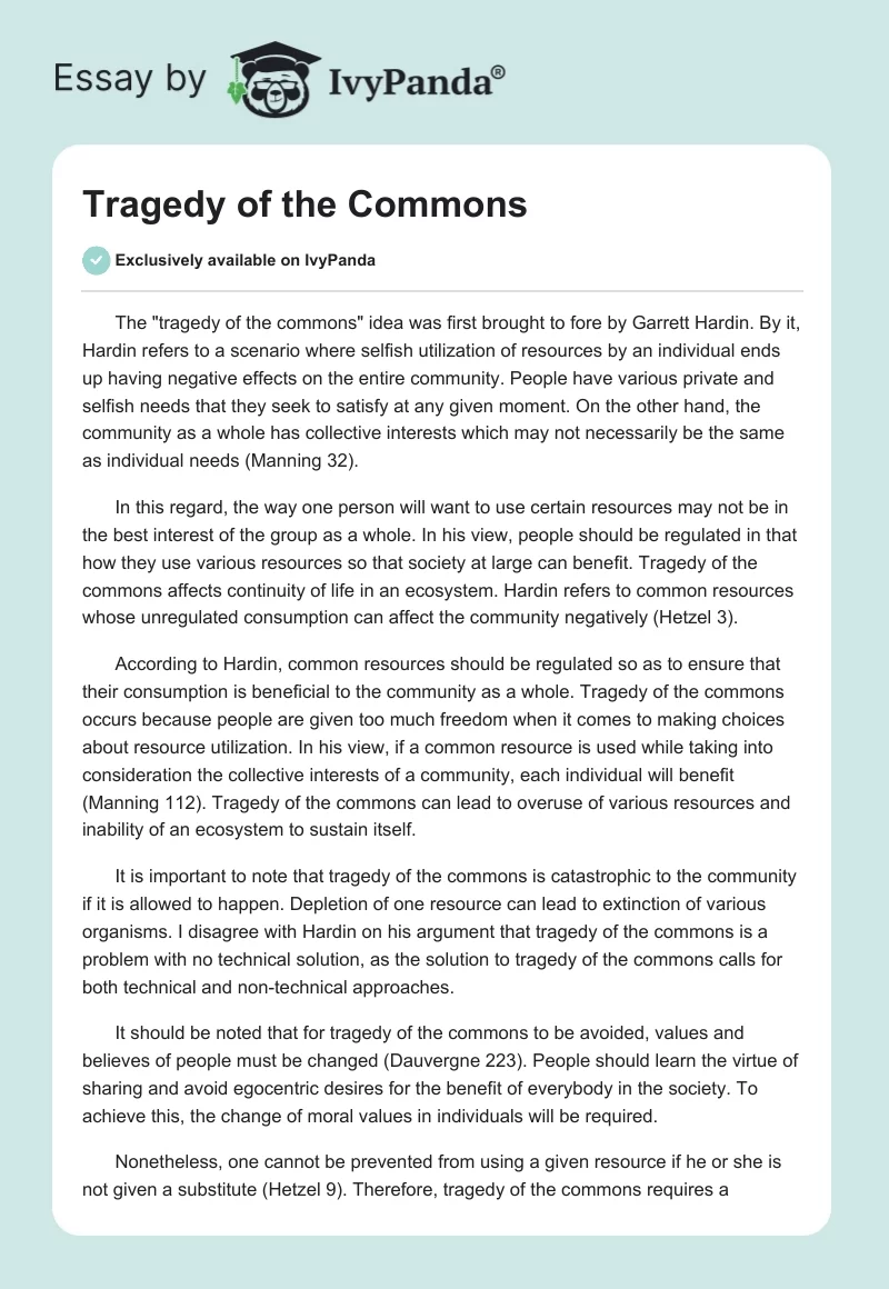 tragedy of the commons essay summary