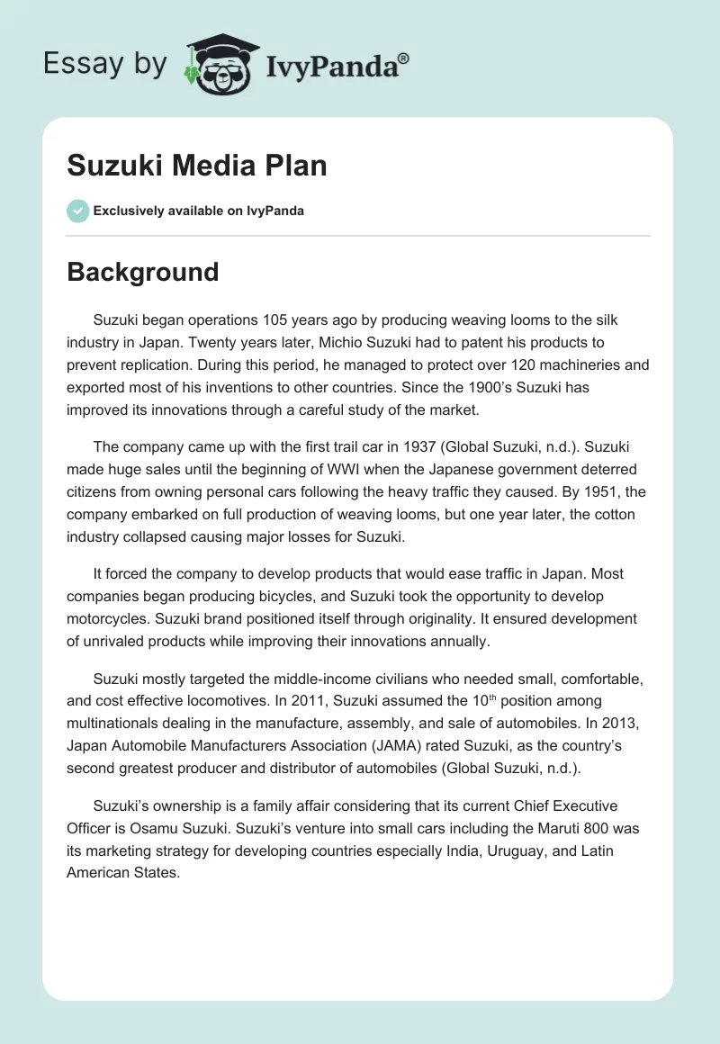 Suzuki Media Plan. Page 1