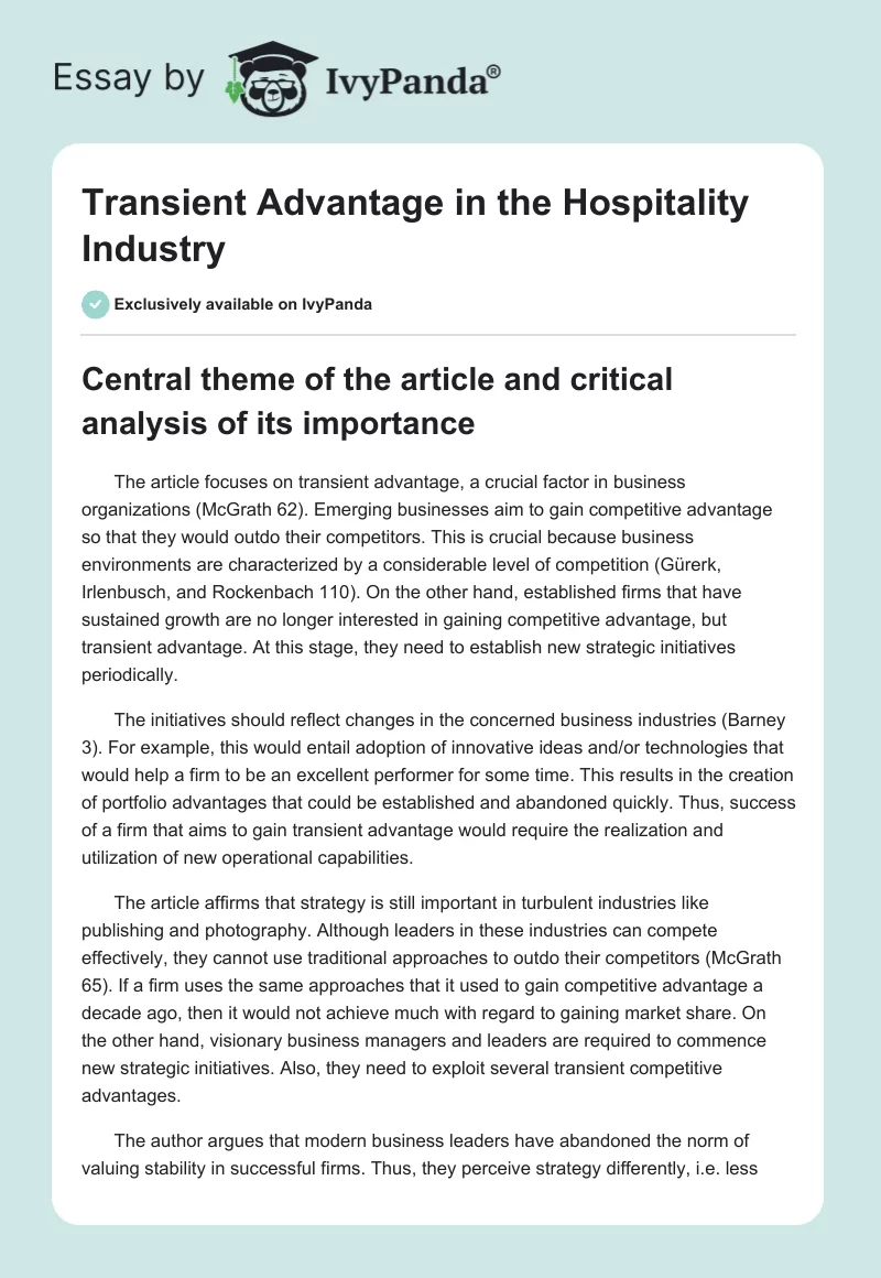 Transient Advantage in the Hospitality Industry. Page 1