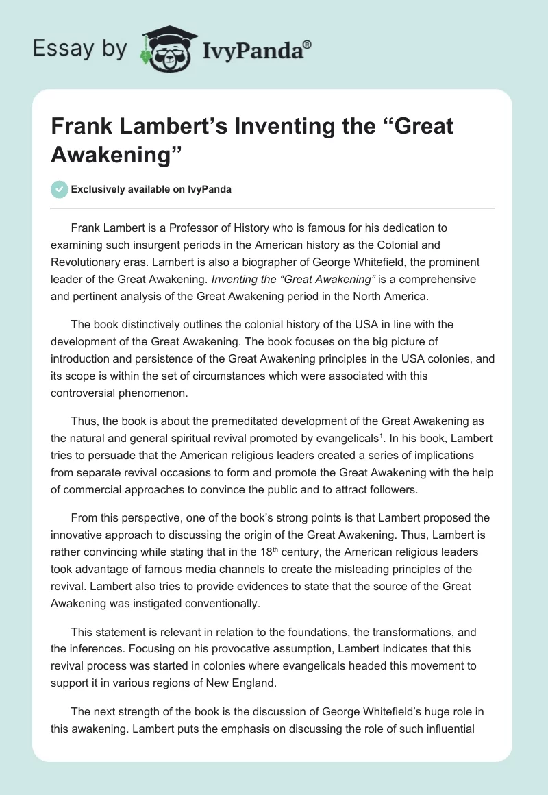Frank Lambert’s Inventing the “Great Awakening”. Page 1