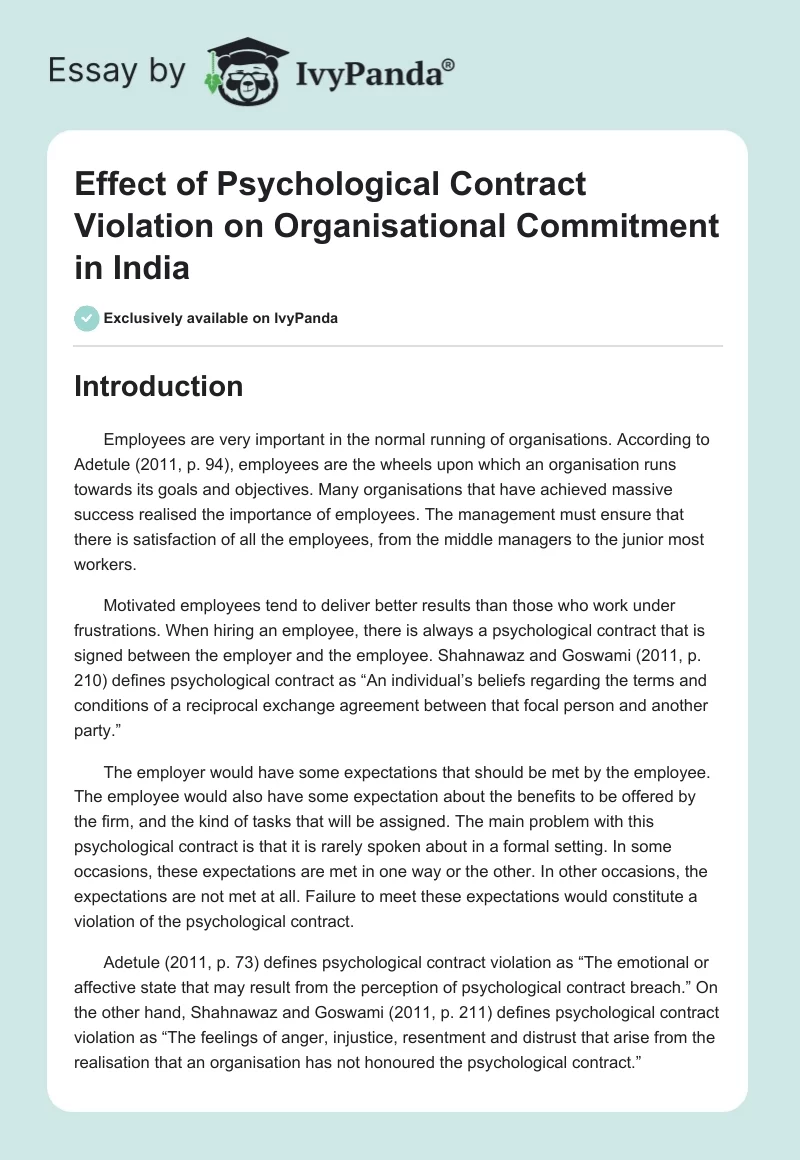 Effect of Psychological Contract Violation on Organisational Commitment in India. Page 1