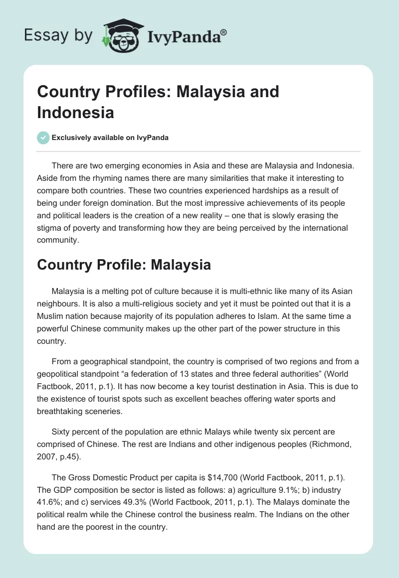 Country Profiles: Malaysia and Indonesia. Page 1