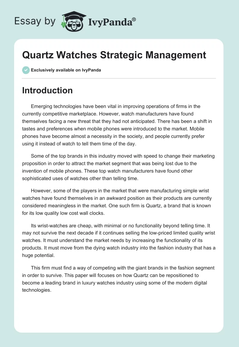Quartz Watches Strategic Management. Page 1