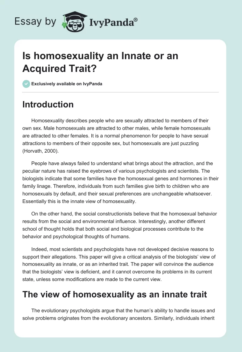Is homosexuality an Innate or an Acquired Trait?. Page 1