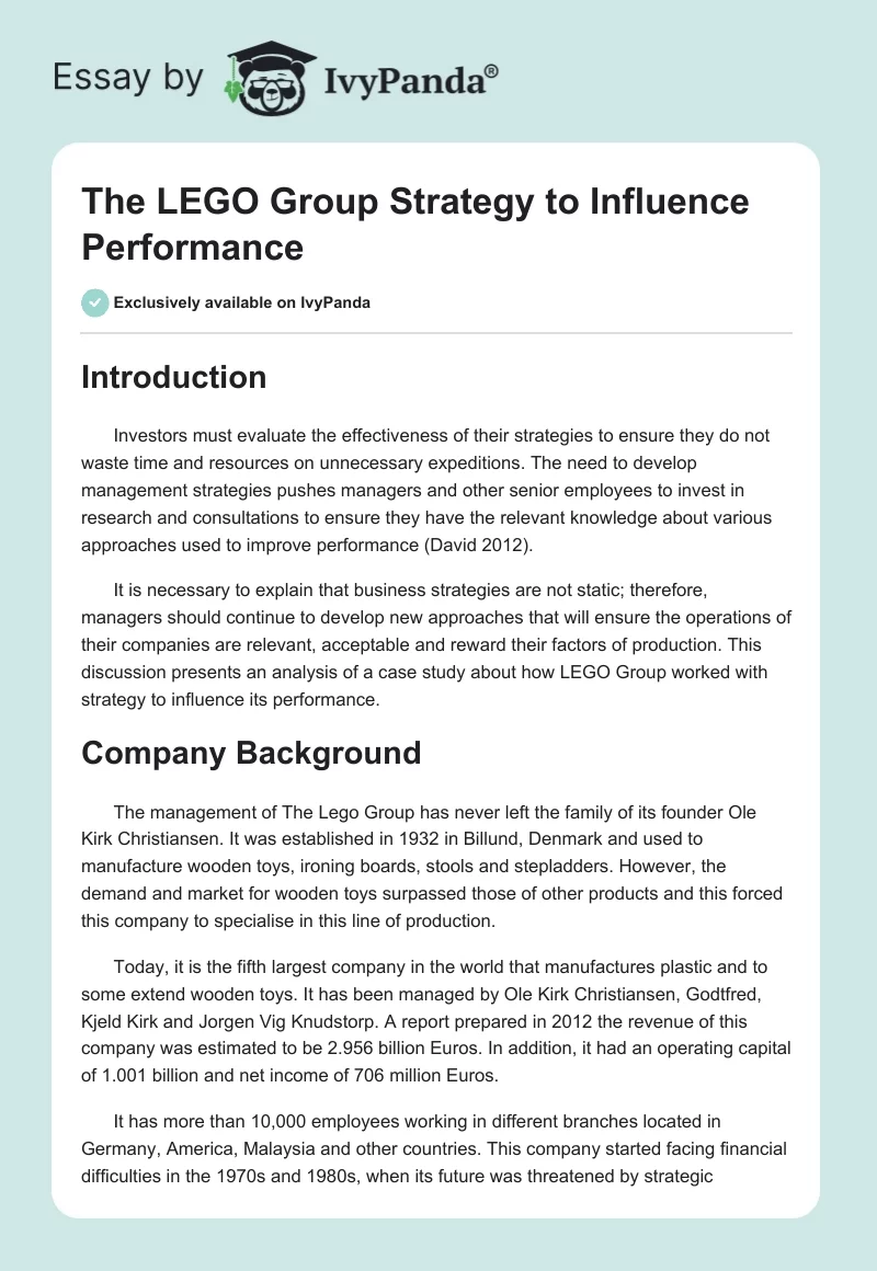 The LEGO Group Strategy to Influence Performance. Page 1