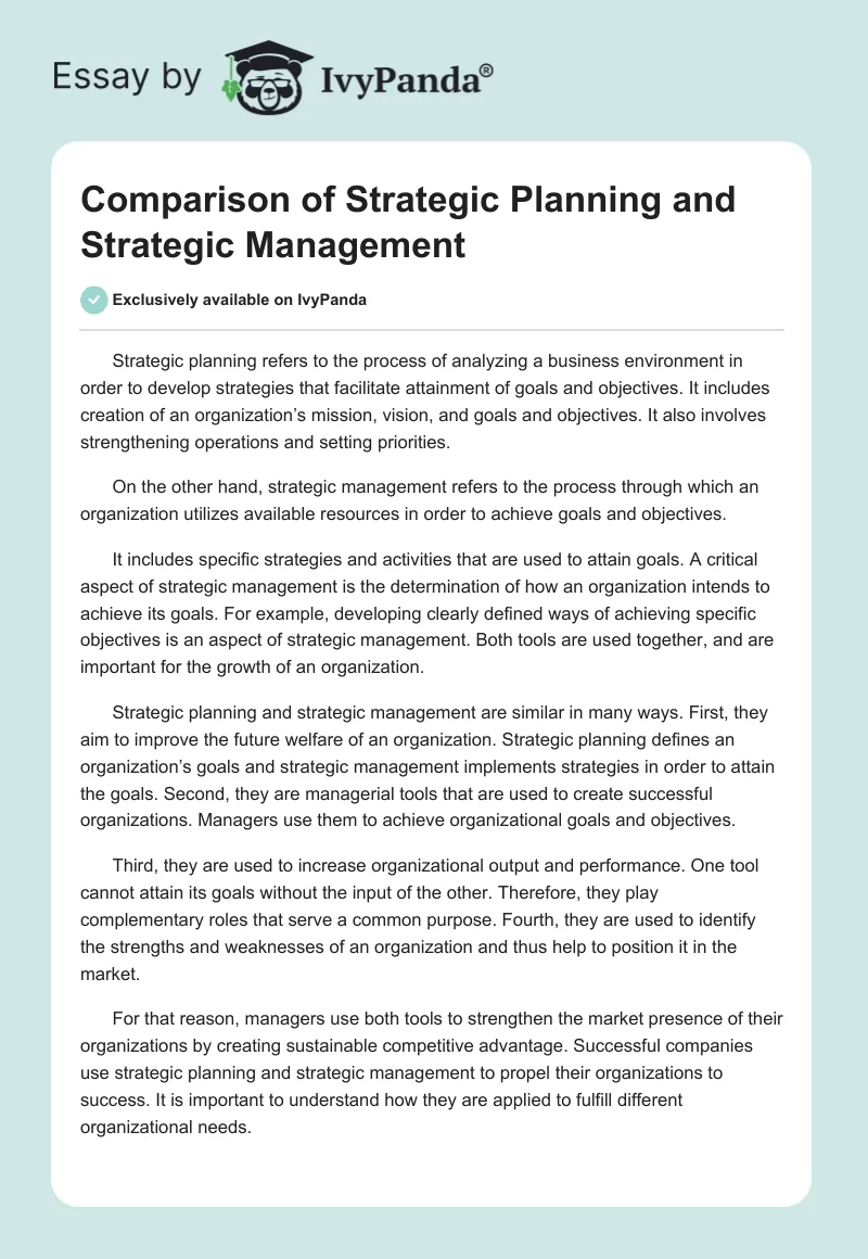 Comparison of Strategic Planning and Strategic Management. Page 1