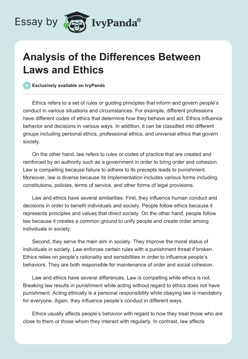 Analysis of the Differences Between Laws and Ethics. Page 1