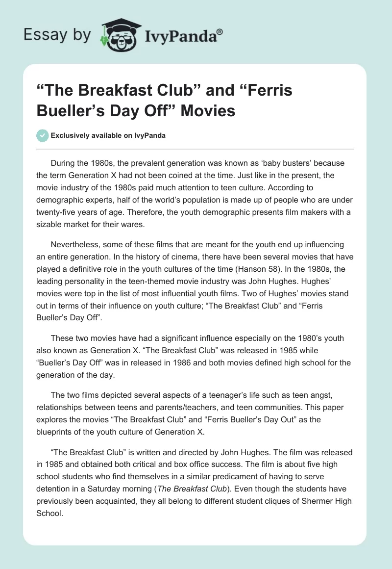 “The Breakfast Club” and “Ferris Bueller’s Day Off” Movies. Page 1