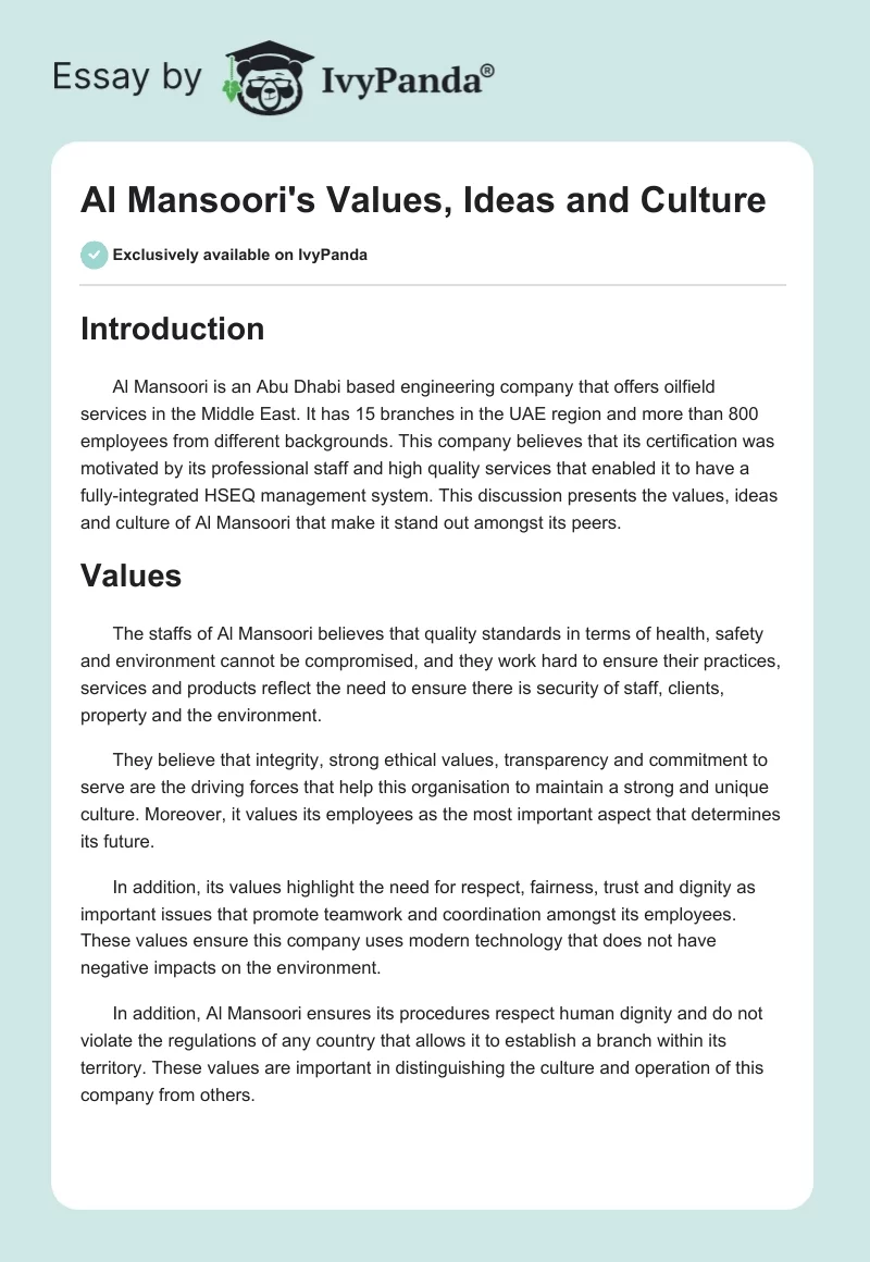 Al Mansoori's Values, Ideas and Culture. Page 1