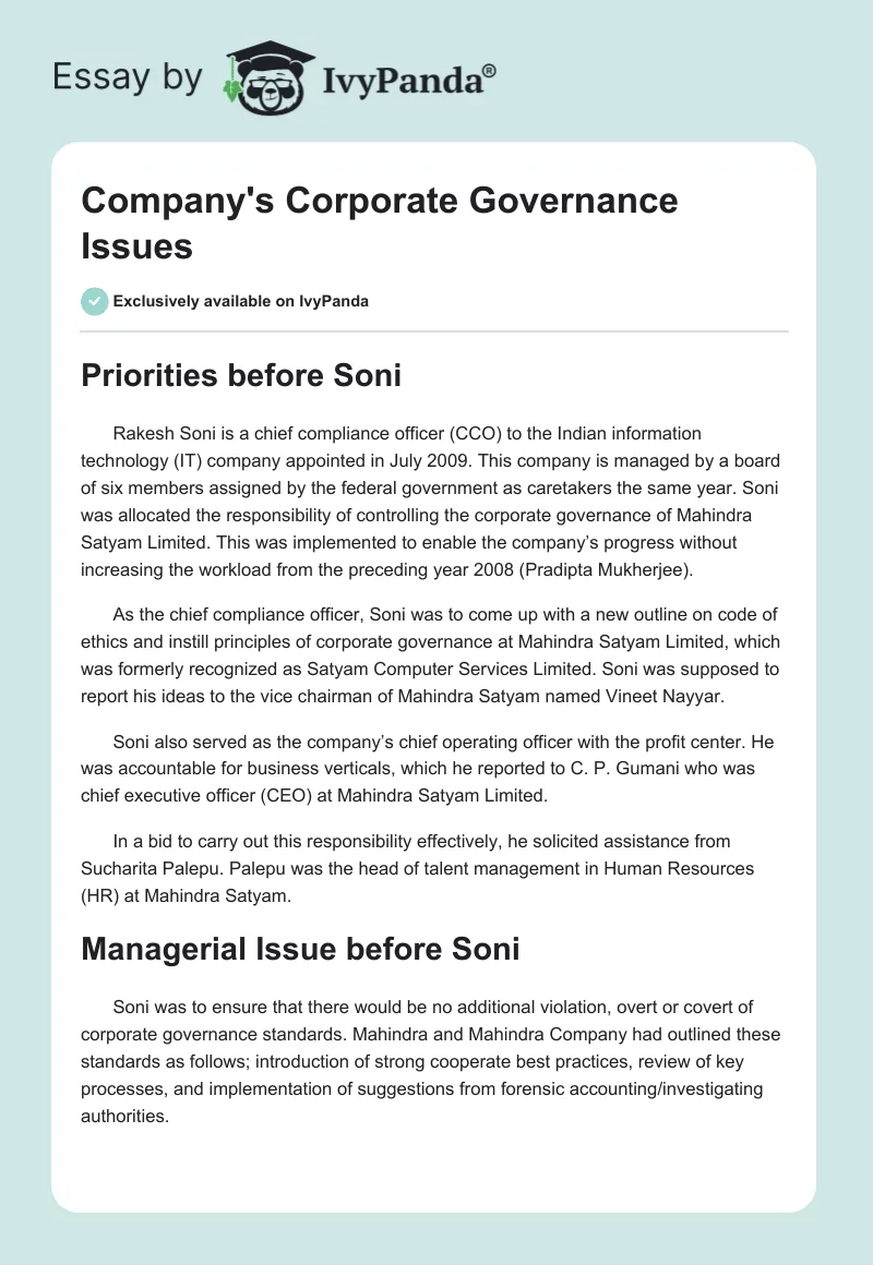 Company's Corporate Governance Issues. Page 1
